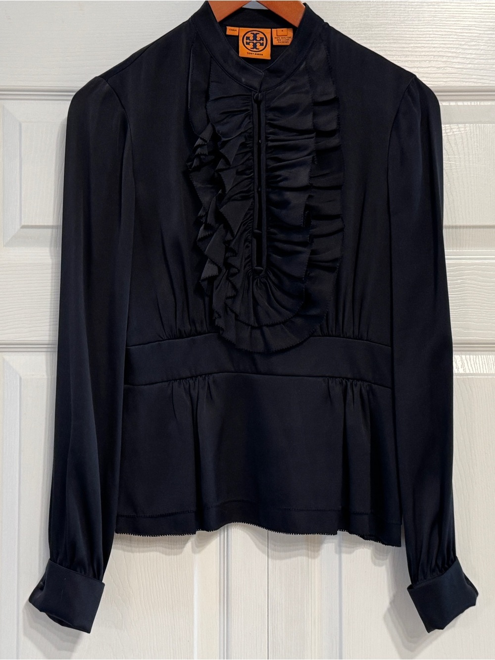 Tory Burch Black Ruffle-Front Long Sleeve Blouse
